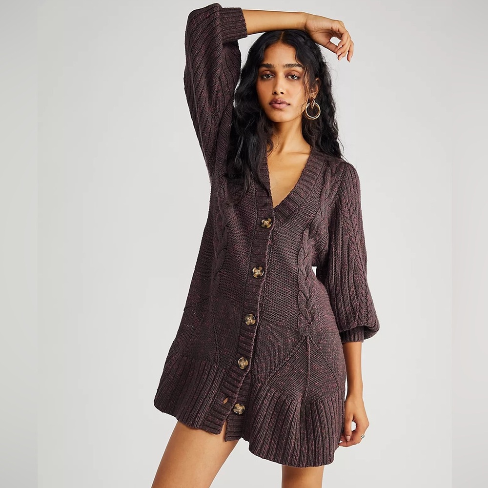 Free People • Penelope Knit Mini Dress in Plum Color with Long Balloon Sleeves